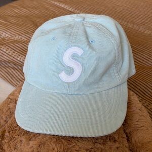Supreme Fine Wale Corduroy Camp Cap with White Embroidery S Logo Pale Blue